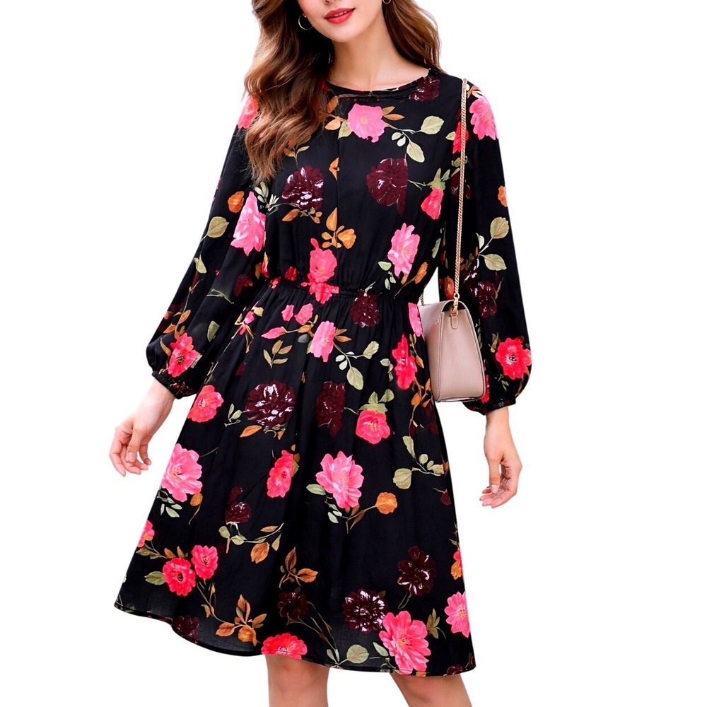 eShakti Bohemian Womens 20W Floral Long Sleeve Fit & Flare Dress Black Pink Midi